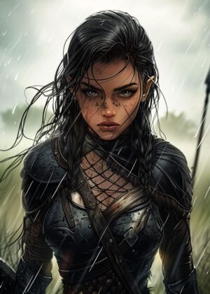 Warrior Woman: A Digital Painting of Strength and Determination - Premium Wooden Framed Poster. Ready to Hang.