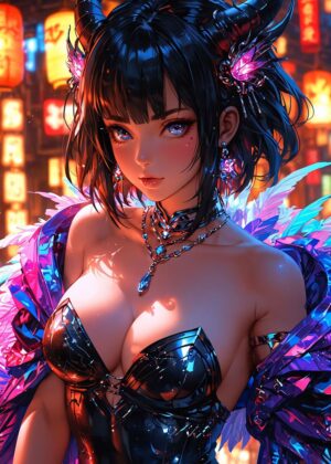 Demon Kissed Beauty: Cyberpunk Anime Art Print - Premium Wooden Framed Poster. Ready to Hang.