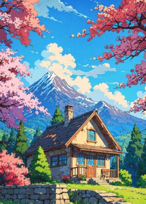 Anime-Style Spring Mountain Cottage Art Print - Premium Wooden Framed Poster. Ready to Hang.