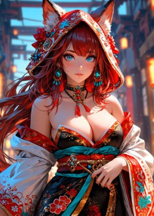 Anime Fox Girl: Stunning Digital Art Print - Premium Wooden Framed Poster. Ready to Hang.