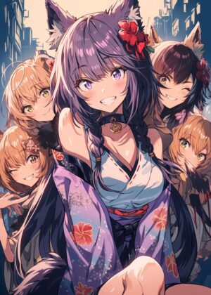 Anime City Girls: A Vibrant Celebration of Urban Life - Premium Wooden Framed Poster. Ready to Hang.