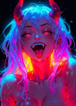 Neon Demon Girl: Cyberpunk Anime Art - Premium Wooden Framed Poster. Ready to Hang.
