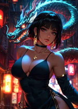 Mystical Dragon & Enchanting Woman: Digital Art Print - Premium Wooden Framed Poster. Ready to Hang.