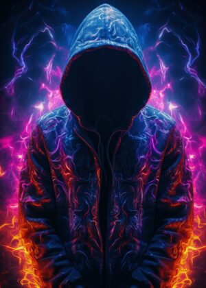 Glow Hoodie Man: Mysterious Figure in Neon Flames - Premium Wooden Framed Poster. Ready to Hang.
