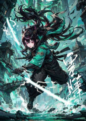 Cyberpunk Anime Ninja Girl: High-Resolution Digital Art Print - Premium Wooden Framed Poster. Ready to Hang.
