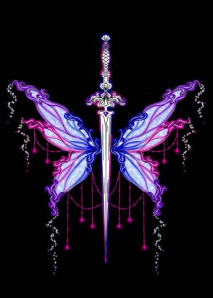 Blue Wings Sword: Mystical Fantasy Art - Premium Wooden Framed Poster. Ready to Hang.