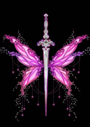 Pink Wings and Sword: A Magical Fantasy Artwork - Premium Wooden Framed Poster. Ready to Hang.