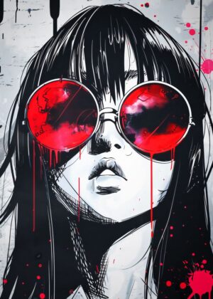 Minimalist Anime Girl with Red Sunglasses: Art Print - Premium Wooden Framed Poster. Ready to Hang.