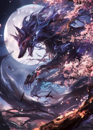 Dark Fantasy Wolf Artwork: Mystical Creature in Cherry Blossom - Premium Wooden Framed Poster. Ready to Hang.