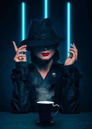 Mysterious Woman in Neon Light - Premium Wooden Framed Poster. Ready to Hang.