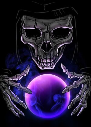 Mystic Skull Gazing into a Neon Orb - Premium Wooden Framed Poster. Ready to Hang.