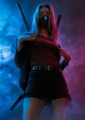 Cyberpunk Samurai Girl: Neon Smoke Aesthetic - Premium Wooden Framed Poster. Ready to Hang.