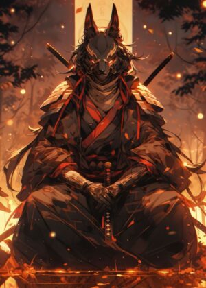 Shadow of the Kitsune: A Japanese Warrior Artwork - Premium Wooden Framed Poster. Ready to Hang.