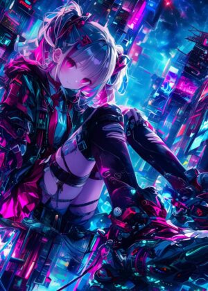 Cyberpunk Anime Girl: Neon City Dreams - Premium Wooden Framed Poster. Ready to Hang.