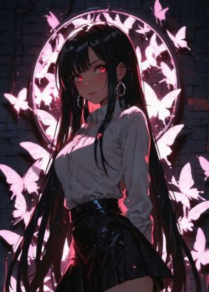Anime Girl with Butterflies: Dark Fantasy Art Print - Premium Wooden Framed Poster. Ready to Hang.