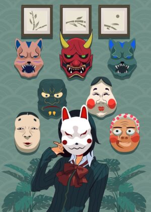 Anime Girl with Japanese Masks - Premium Wooden Framed Poster. Ready to Hang.