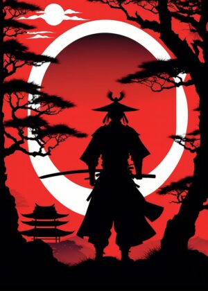 Silhouette of a Samurai Warrior Under a Crimson Moon - Premium Wooden Framed Poster. Ready to Hang.