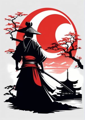 Japanese Samurai Artwork: A Silhouette of Honor - Premium Wooden Framed Poster. Ready to Hang.