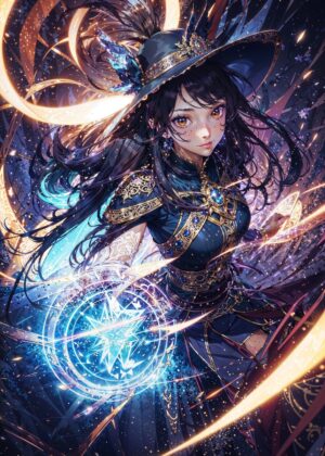 Mystical Anime Sorceress: Fantasy Art Print - Premium Wooden Framed Poster. Ready to Hang.