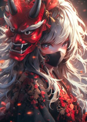 Cute Demon Samurai Anime Girl Art Print - Premium Wooden Framed Poster. Ready to Hang.