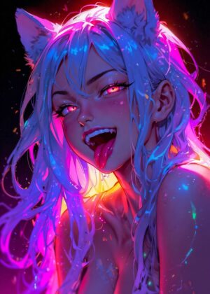 Vibrant Neon Cat Girl Art Print - Premium Wooden Framed Poster. Ready to Hang.
