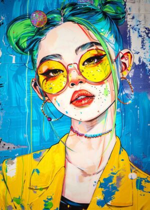 Vibrant Anime Girl Art Print: A Burst of Color and Style - Premium Wooden Framed Poster. Ready to Hang.