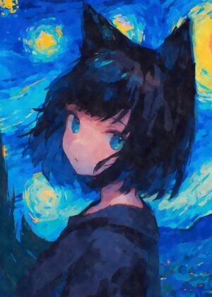 Starry Night Nekomimi Girl Art Print - Premium Wooden Framed Poster. Ready to Hang.