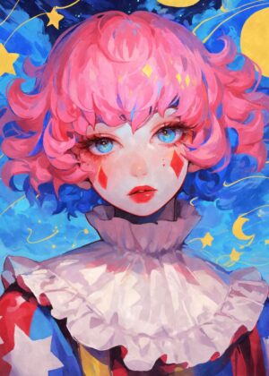 Starry Night Clown Girl: Whimsical Art Print - Premium Wooden Framed Poster. Ready to Hang.