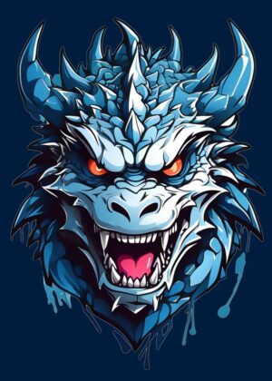 Fierce Blue Dragon Head Artwork - Premium Wooden Framed Poster. Ready to Hang.