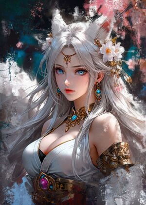 Princess White Fox Girl: Fantasy Art Print - Premium Wooden Framed Poster. Ready to Hang.
