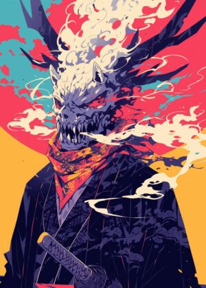 Fierce Samurai Spirit: A Vibrant Digital Artwork - Premium Wooden Framed Poster. Ready to Hang.