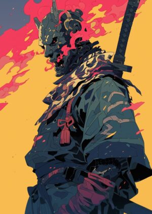 Fiery Samurai: Digital Art Print - Premium Wooden Framed Poster. Ready to Hang.