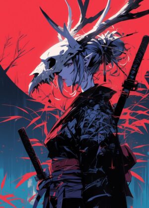 Elegant Samurai Artwork: Red Moon and Bamboo Forest - Premium Wooden Framed Poster. Ready to Hang.