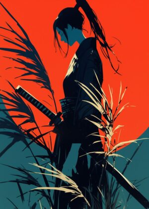 Silhouette of a Samurai Woman - Premium Wooden Framed Poster. Ready to Hang.