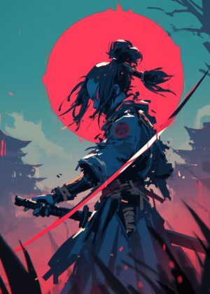 Crimson Sun Samurai: Anime Art Print - Premium Wooden Framed Poster. Ready to Hang.