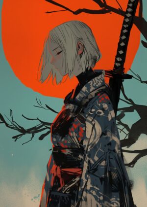 Melancholy Samurai: A Digital Painting - Premium Wooden Framed Poster. Ready to Hang.