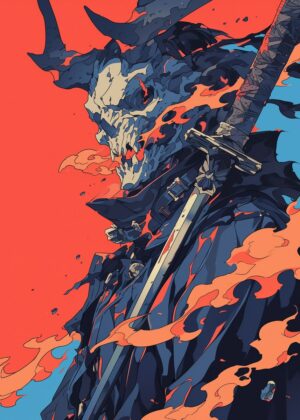 Fiery Samurai: Digital Art Print - Premium Wooden Framed Poster. Ready to Hang.