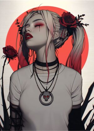 Crimson Elegance: Gothic Anime Girl Art Print - Premium Wooden Framed Poster. Ready to Hang.