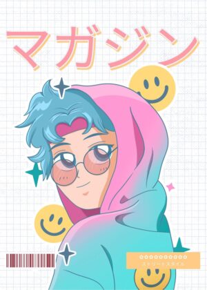 Kawaii Anime Girl in Pastel Hoodie - Premium Wooden Framed Poster. Ready to Hang.
