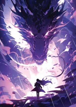 Anime Samurai Facing Majestic Dragon: A Fantasy Art Print - Premium Wooden Framed Poster. Ready to Hang.