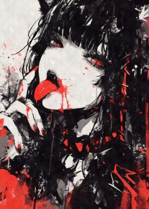 Gothic Anime Cat Girl Art Print - Premium Wooden Framed Poster. Ready to Hang.