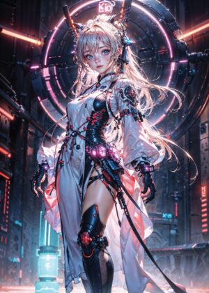 Anime CyberGirl Neon Dream: Futuristic Fantasy Art Print - Premium Wooden Framed Poster. Ready to Hang.
