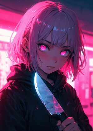 Cyberpunk Assassin Girl Art Print - Premium Wooden Framed Poster. Ready to Hang.