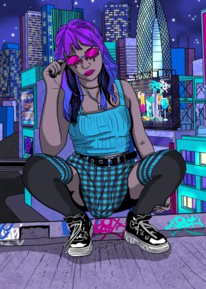 Cyberpunk Girl After Dark: Neon City Nights - Premium Wooden Framed Poster. Ready to Hang.