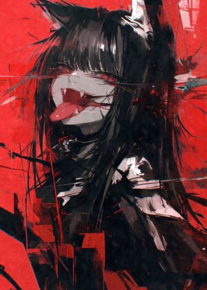 Crimson Catgirl: Gothic Anime Art Print - Premium Wooden Framed Poster. Ready to Hang.