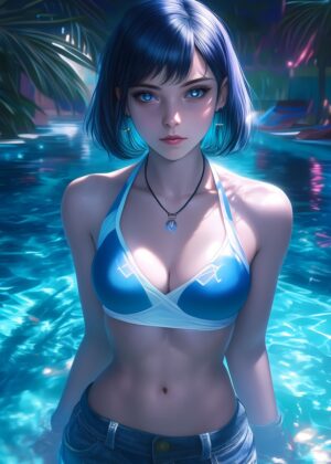 Moonlit Anime Girl Escape: Digital Art Print - Premium Wooden Framed Poster. Ready to Hang.