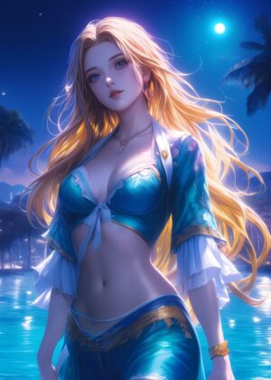 Anime Girl Moonlight Swim: Enchanting Beach Scene Artwork - Premium Wooden Framed Poster. Ready to Hang.