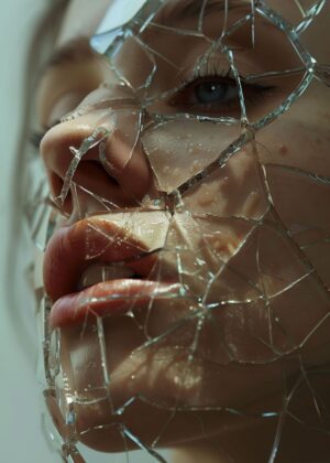 Shattered Reflections: A Girl's Face in Glass - Premium Wooden Framed Poster. Ready to Hang.
