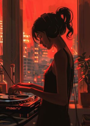 Girl Silhouette in Red Cityscape - Premium Wooden Framed Poster. Ready to Hang.