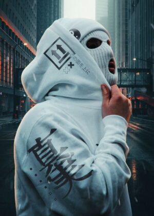 Urban Streetwear Style: Mysterious Figure in Cityscape - Premium Wooden Framed Poster. Ready to Hang.